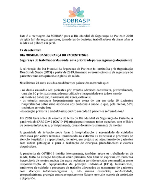 Mensagem da SOBRASP  s lideranas, gestores, tomadores de decises, trabalhadores afins  sade e ao pblico em geral.