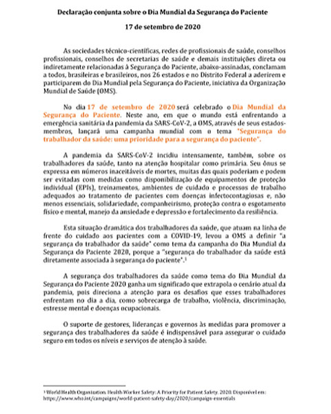 Declarao conjunta sobre o Dia Mundial da Segurana do Paciente - 17 de setembro de 2020.